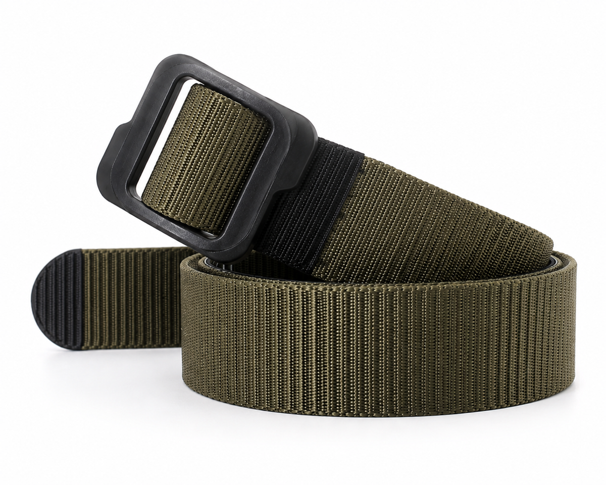 Olive nylon belt coiled on a white background, with a black frame buckle and a black-tipped strap end