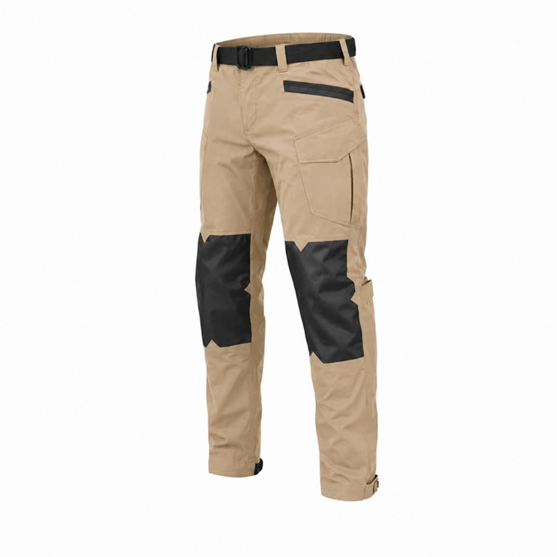 Tan RIDE UNMARKED riding trousers on a plain white studio background, three-quarter view showing the belt and cargo pocket