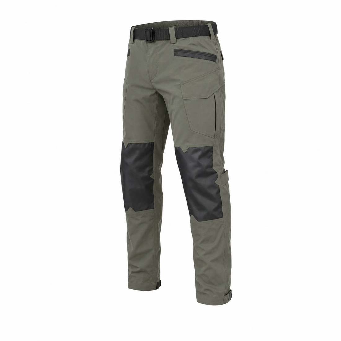 Olive green RIDE UNMARKED riding trousers with black reinforced knee panels and a tactical-style belt, angled product shot on a white background