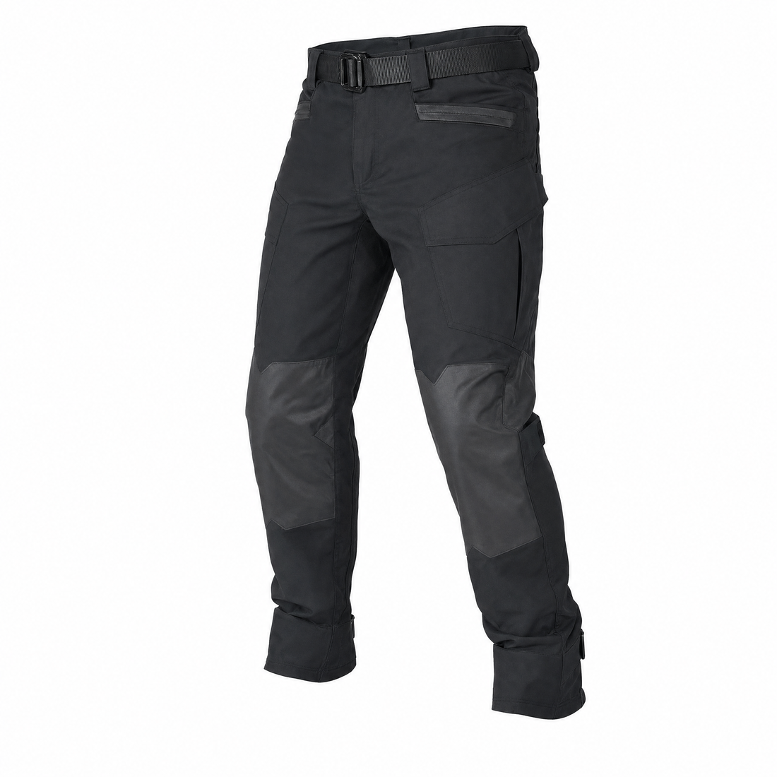 Black Ride Unmarked riding trousers, front three-quarter view on a plain background, showing cargo pockets and a webbing belt