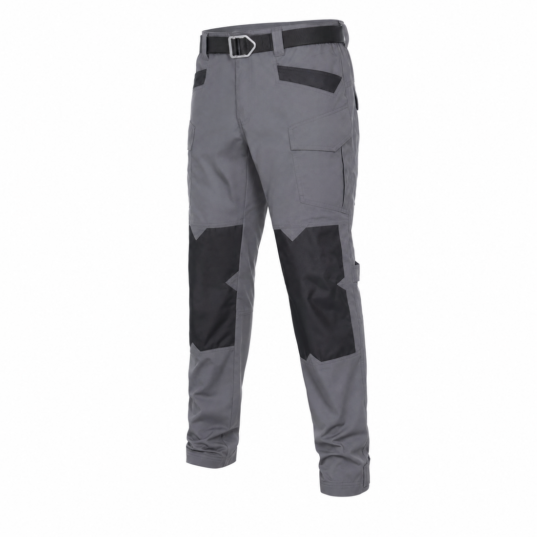 Grey motorcycle riding trousers with black reinforced knee panels and a tactical-style belt, angled product shot on a white background