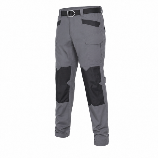 Grey motorcycle riding trousers with black reinforced knee panels and a tactical-style belt, angled product shot on a white background