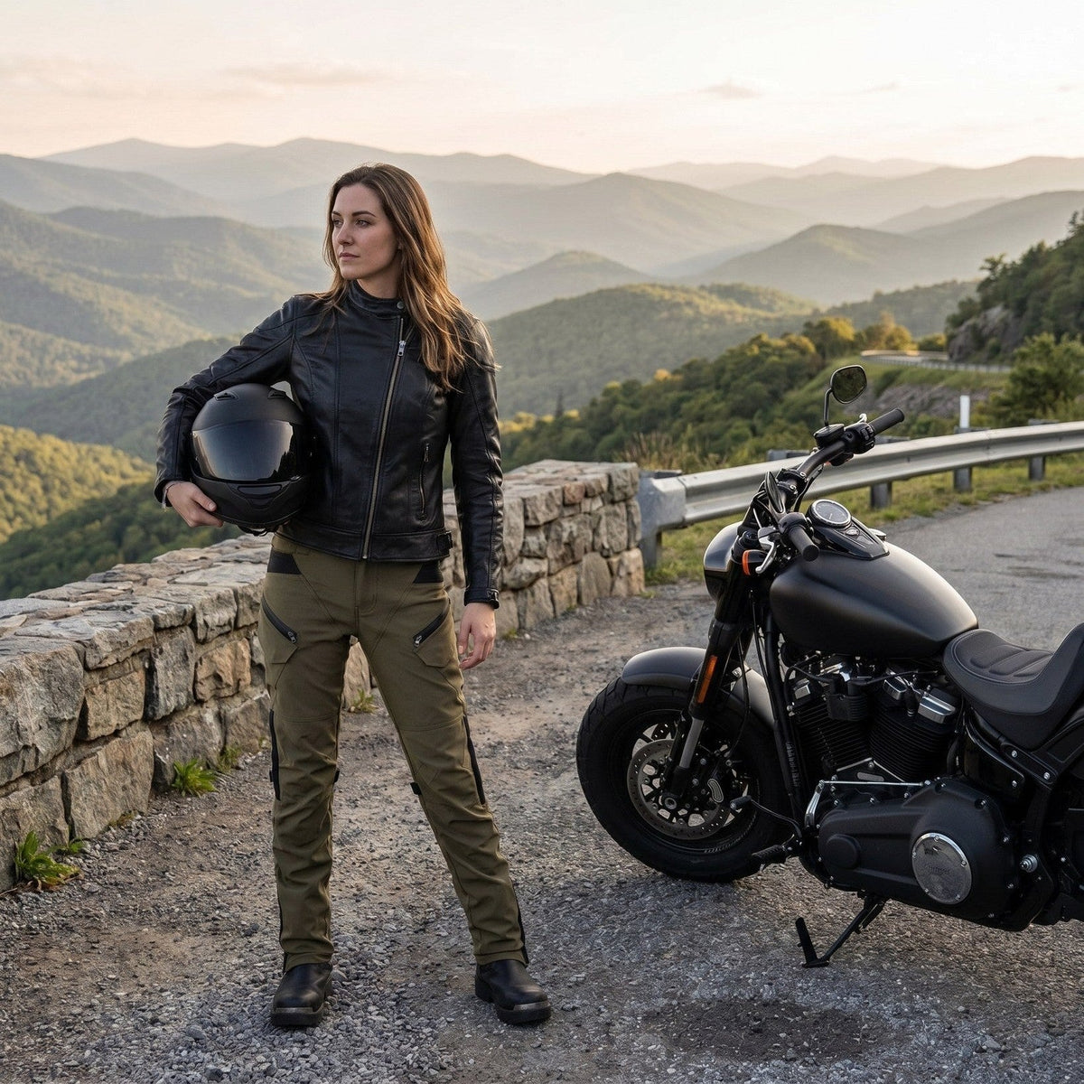 Woman in a black leather jacket and olive cargo riding pants holding a black helmet beside a cruiser motorcycle at a mountain overlook