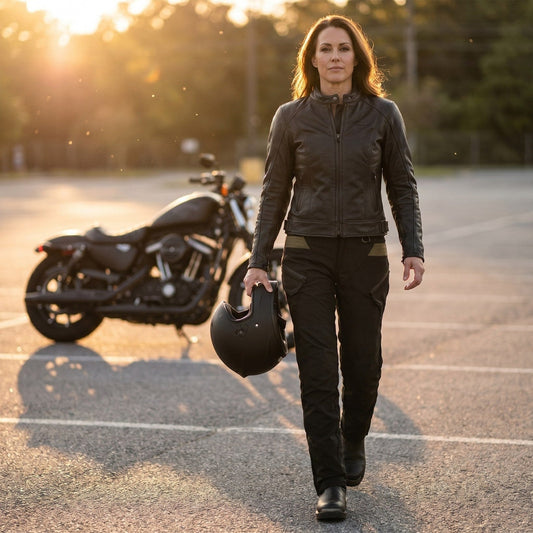 Woman in a dark leather jacket and black riding pants with olive hip panels walking across an empty parking lot at sunset, a helmet in one hand and a black cruiser parked behind her