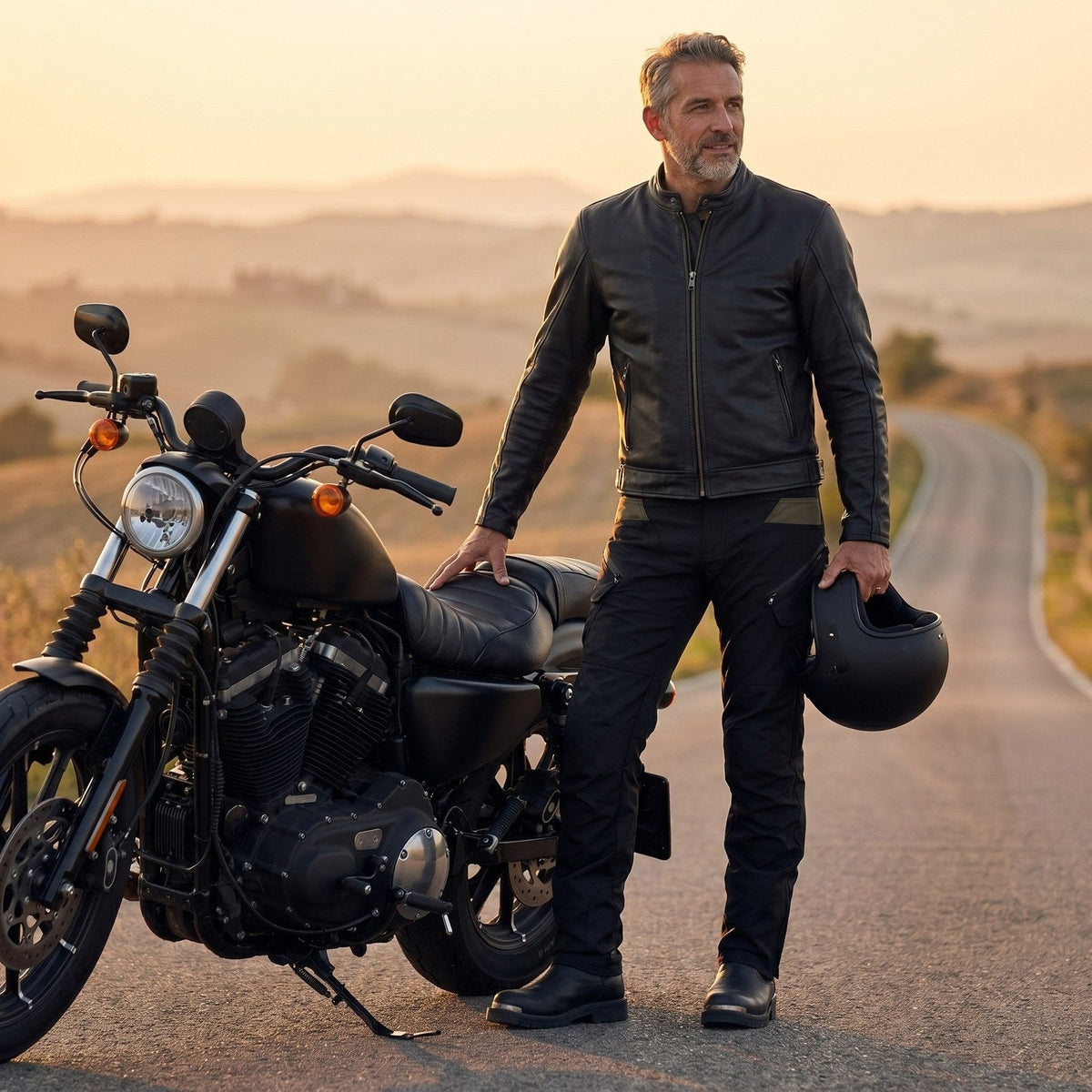 Rider in a black leather jacket and black riding pants holding a helmet beside a black cruiser on an empty road at sunset
