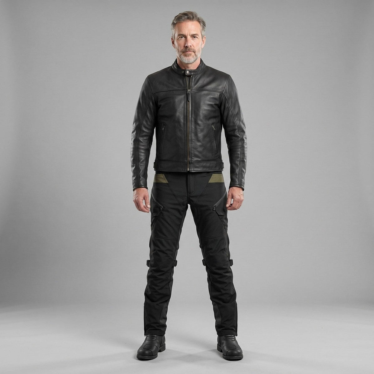 Rider in a black leather jacket and black RoadVault riding pants with olive hip panels, standing against a grey studio backdrop