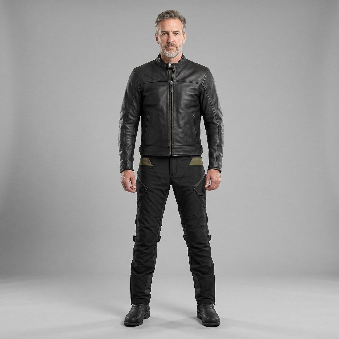 Rider in a black leather jacket, black cargo riding pants with olive waist panels and black boots, standing in a gray studio