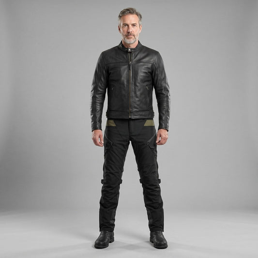 Rider in a black leather jacket, black cargo riding pants with olive waist panels and black boots, standing in a gray studio