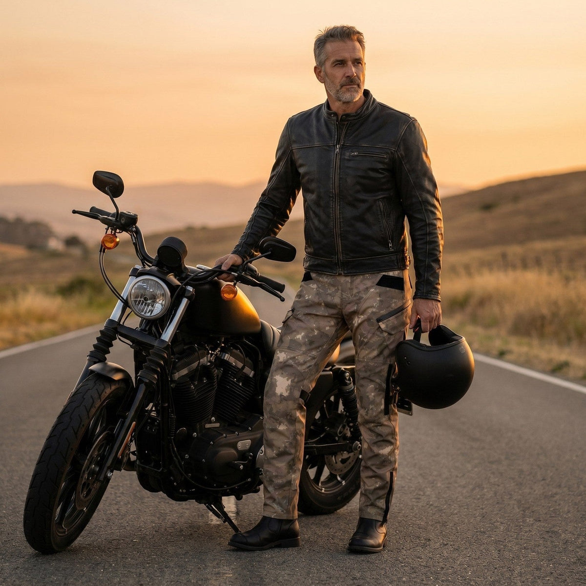 Rider in a black leather jacket and camo riding pants standing beside a black cruiser motorcycle at sunset, holding a matte black helmet