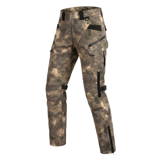 Camo riding pants laid flat on a white background, showing cargo pockets, black webbing straps down the legs and ankle zips